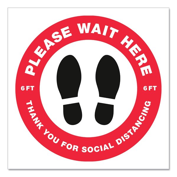 Avery Social Distancing Floor Decals, 10.5 in. dia, Please Wait Here, Red/White Face, Black Graphics, 5PK 83090